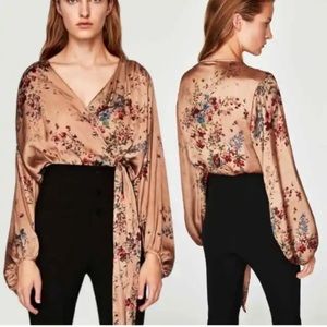 Zara silk watercolor tie blouse